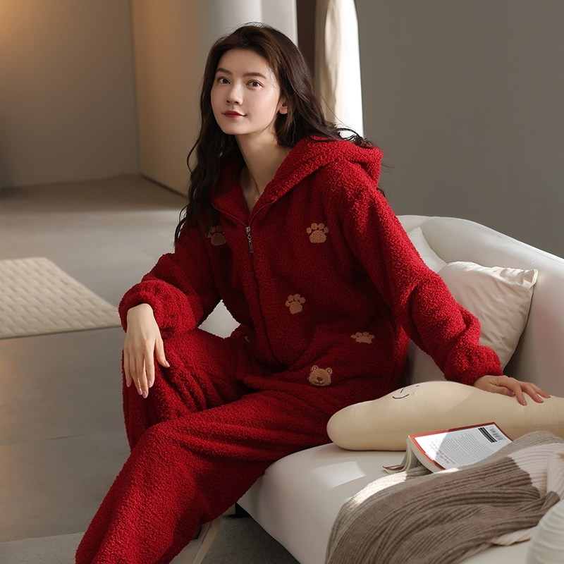 珊瑚绒睡衣女款秋冬季拉链连帽加绒加厚红色卡通法兰绒家居服套装
