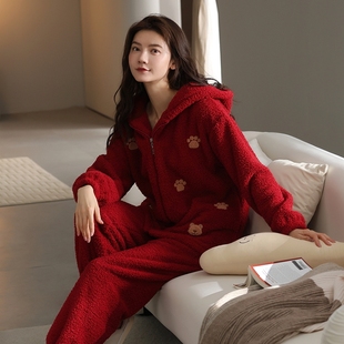 珊瑚绒睡衣女款秋冬季拉链连帽加绒加厚红色卡通法兰绒家居服套装