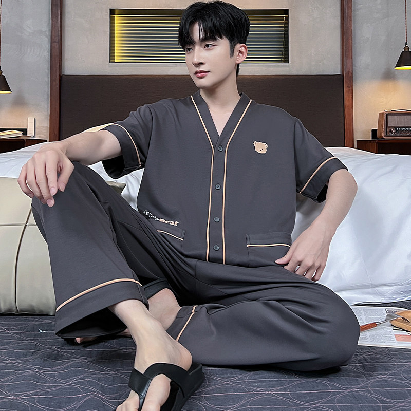 睡衣男士夏季纯棉短袖长裤开衫可外穿家居服男款卡通休闲大码套装