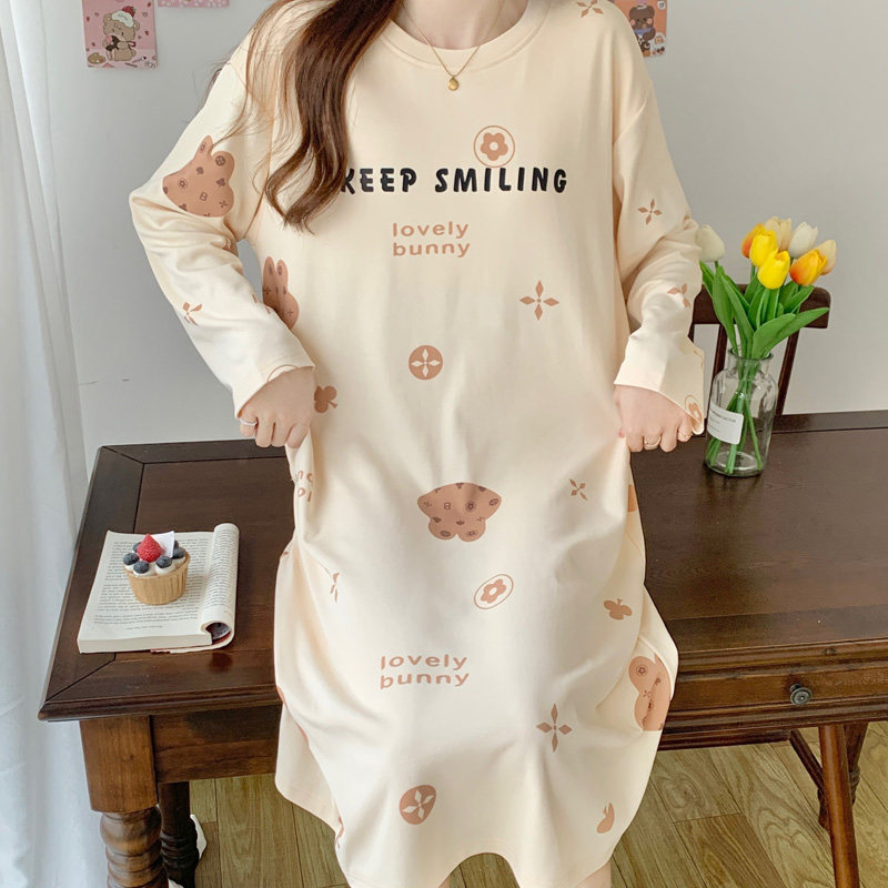睡衣女春秋纯棉长袖宽松2025年新款大码胖mm孕妇长款睡裙秋冬款