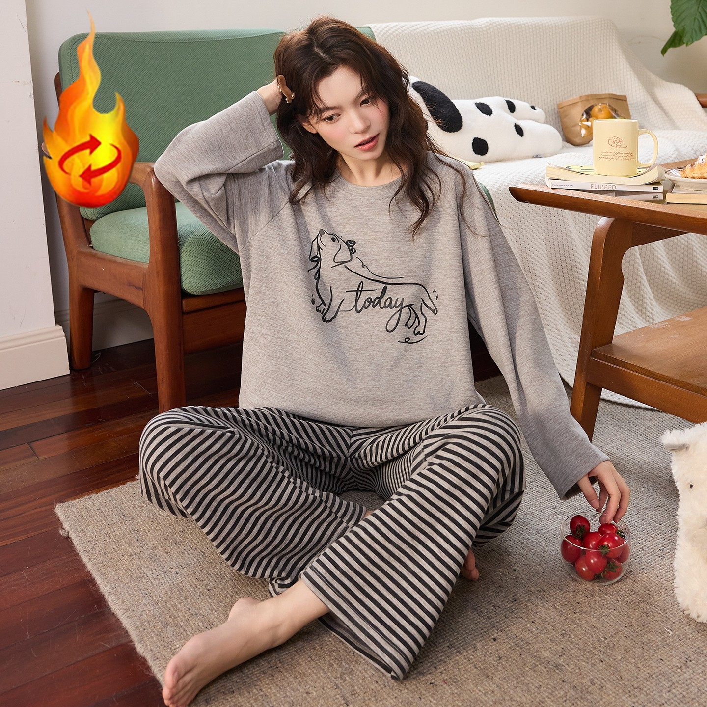 德绒保暖可外穿女睡衣套装