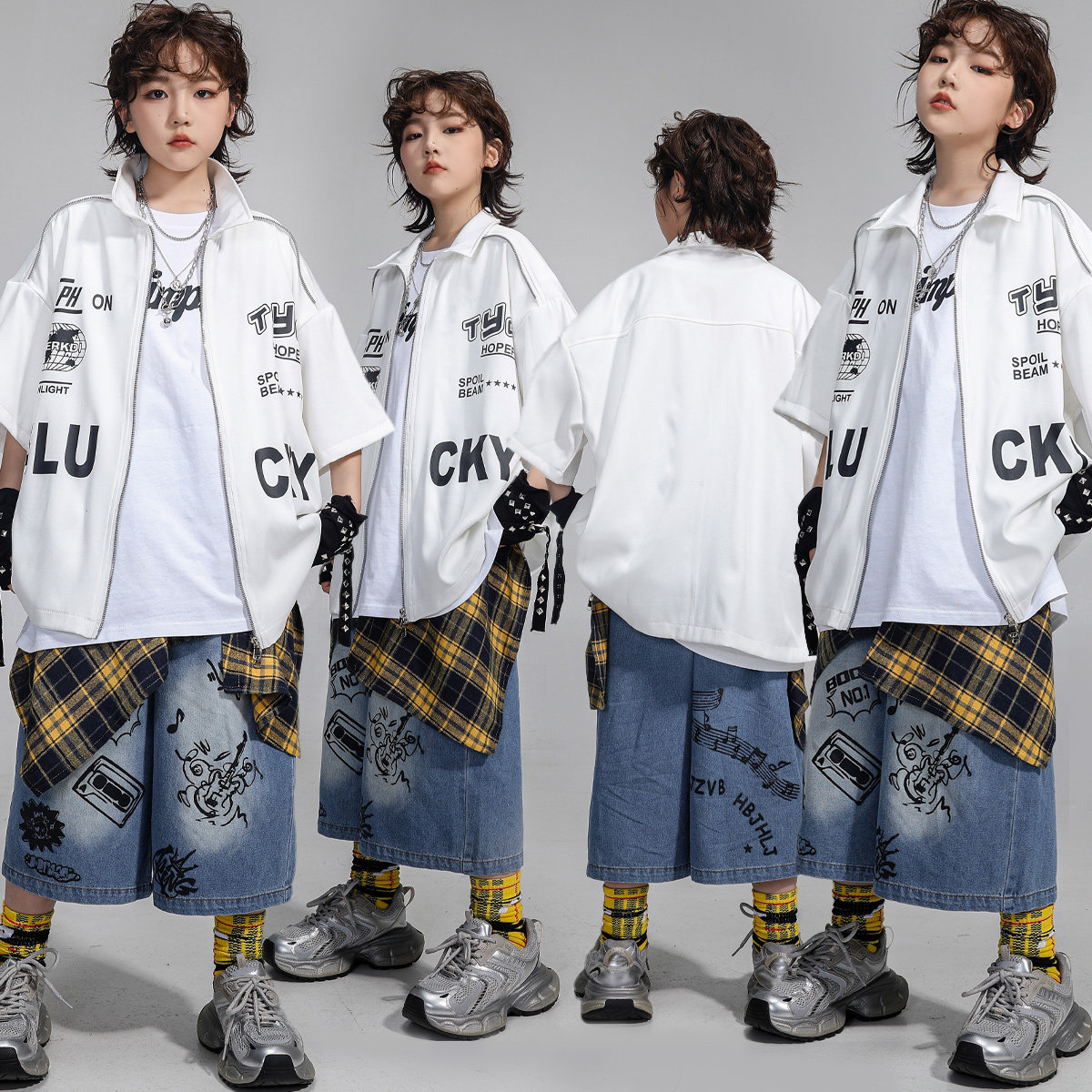 儿童街舞演出服少儿hiphop街头夏季短袖涂鸦牛仔裤男女童嘻哈潮服