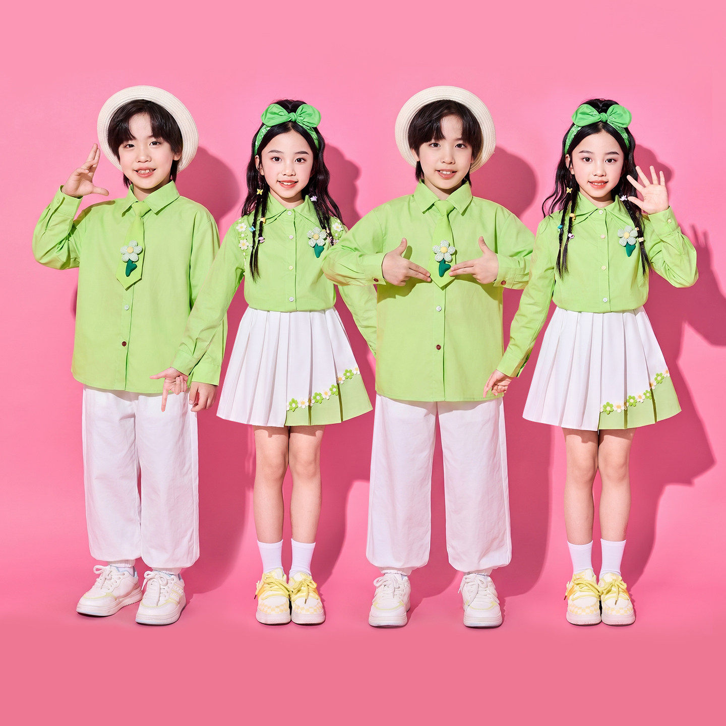 儿童演出服小学生运动会开幕式啦啦操绿色衬衫班服合唱服表演园服