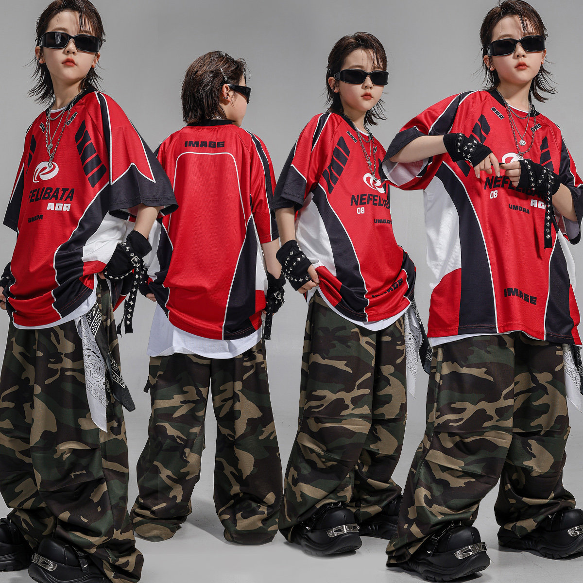 儿童街舞潮服少儿hiphop演出服男童嘻哈潮牌短袖美式街头短袖套装
