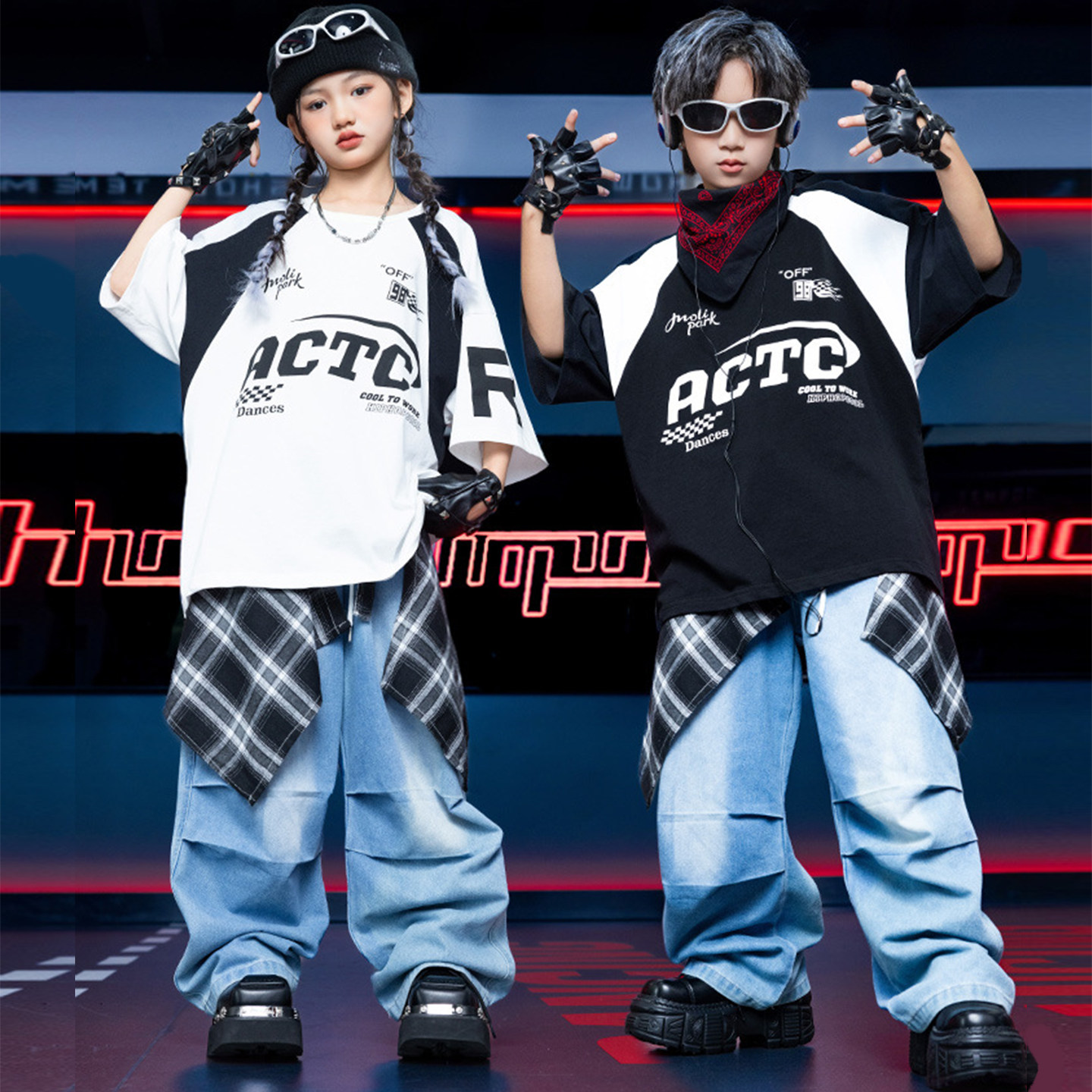 街舞儿童潮服男童嘻哈套装少儿hiphop练功服机车风短袖六一演出服