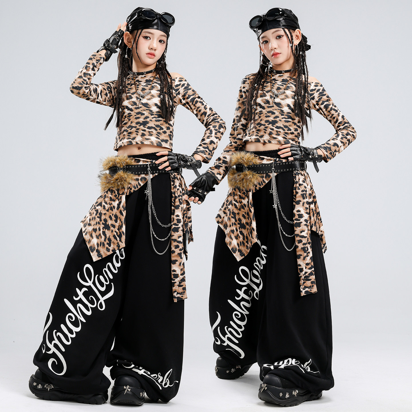女童爵士舞服装少儿露脐豹纹舞蹈服套装儿童走秀街舞潮服表演服女