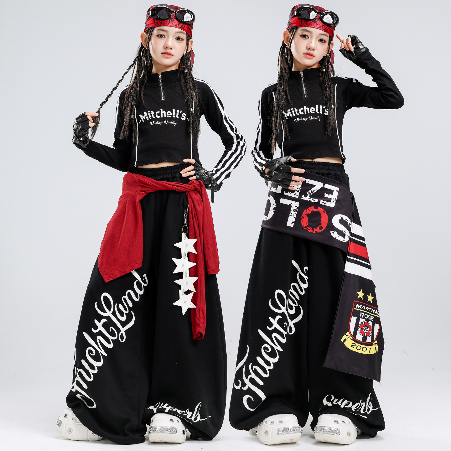女童爵士舞服装时髦女孩立领露脐黑色舞蹈服jazz走秀街舞表演服女图片