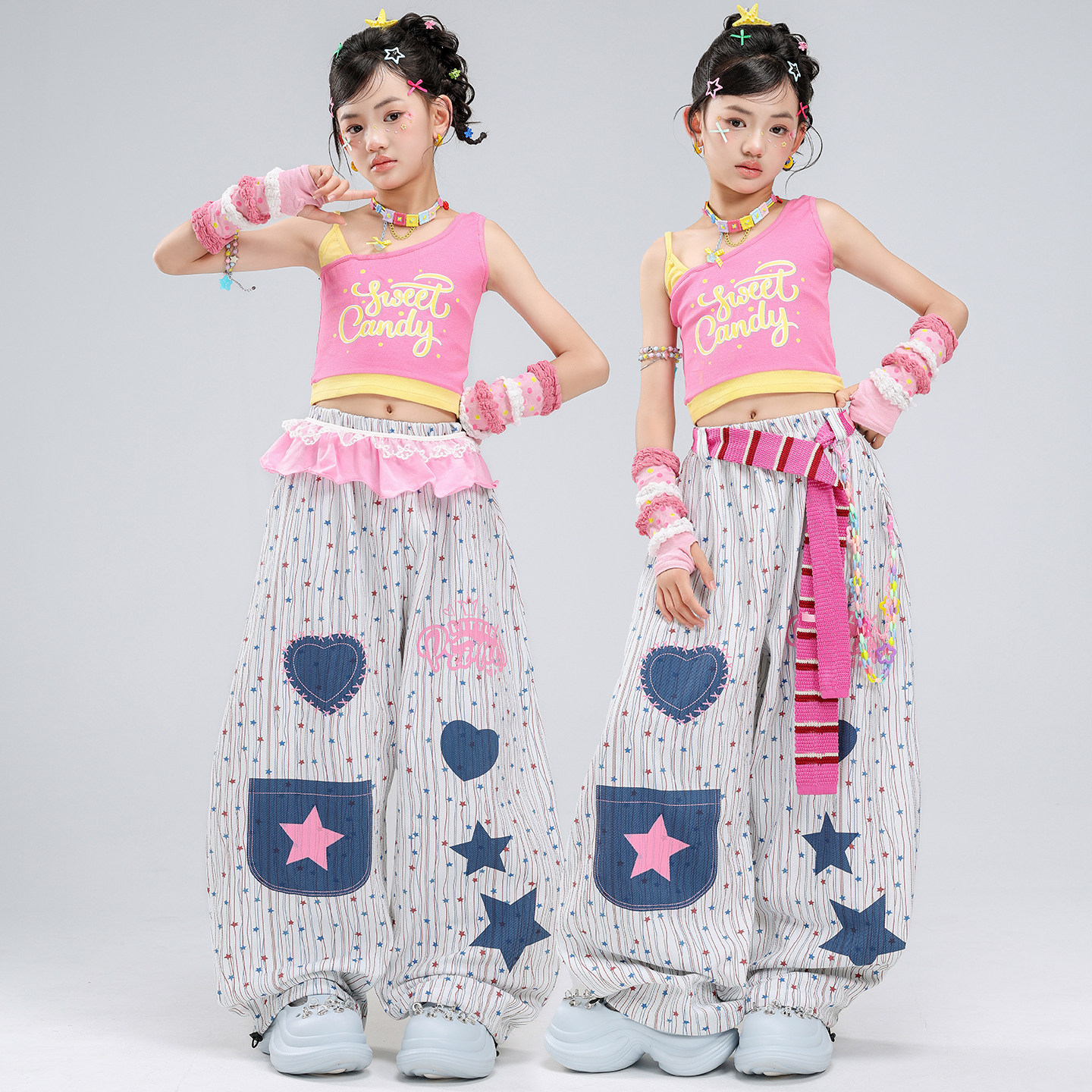 爵士舞服装女童jazz粉黄假两件吊带舞蹈服套装女孩走秀街舞表演服