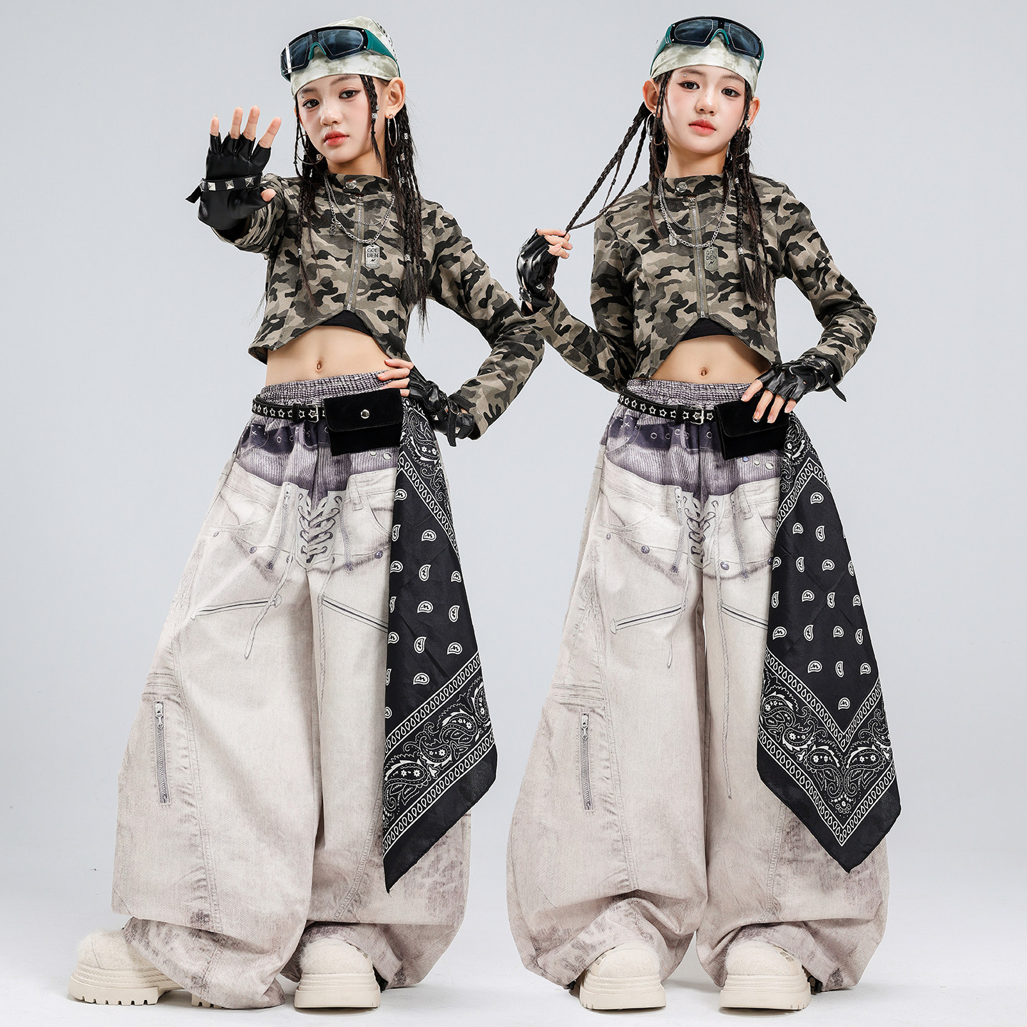 爵士舞女童服装露脐迷彩夹克舞蹈服套装时髦炸街jazz街舞表演服女