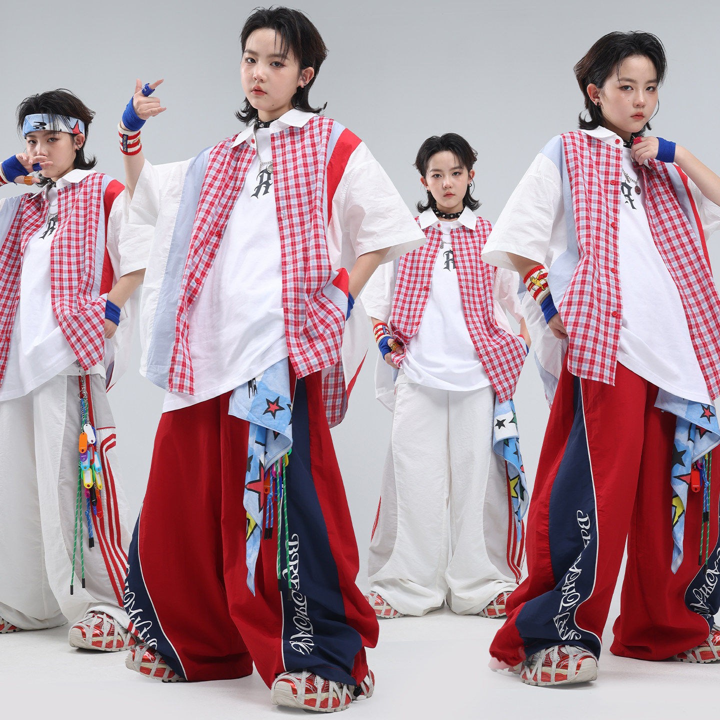 儿童街舞演出服女童夏装短袖hiphop潮牌男童嘻哈风套装六一表演服
