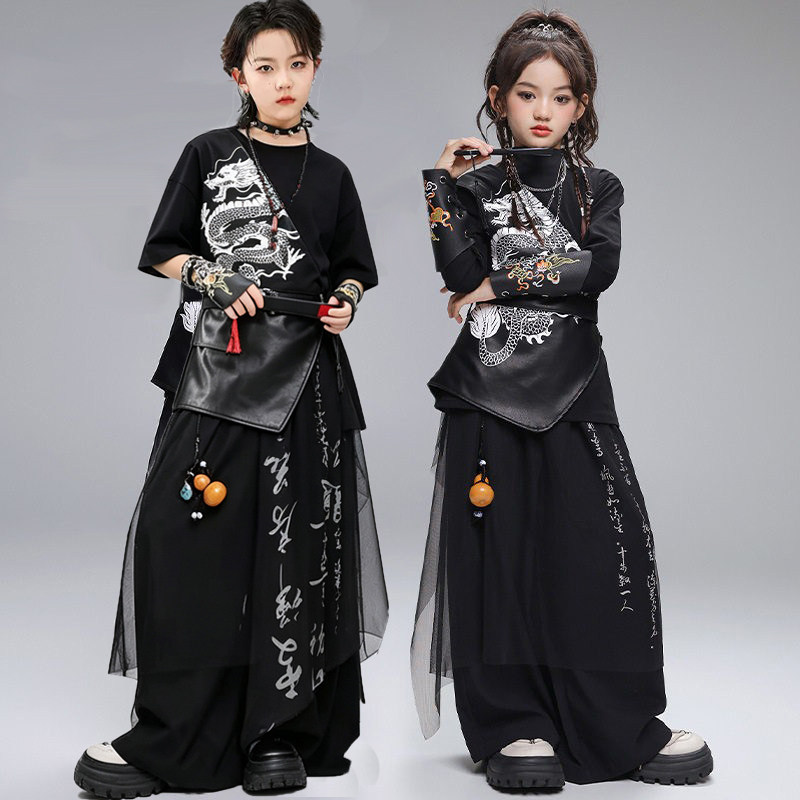 街舞中国风潮套装男女童酷帅汉服功夫武术马甲嘻哈套装表演出服新