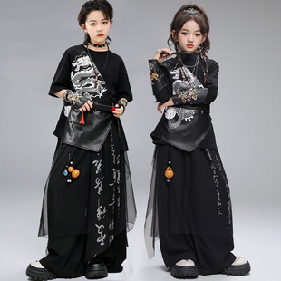 街舞中国风潮套装男女童酷帅汉服功夫武术马甲嘻哈套装表演出服新