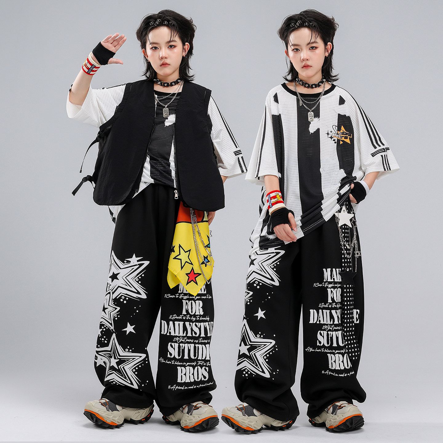 街舞服装hiphop儿童潮服嘻哈男童黑白条纹08舞蹈服套装酷帅演出服