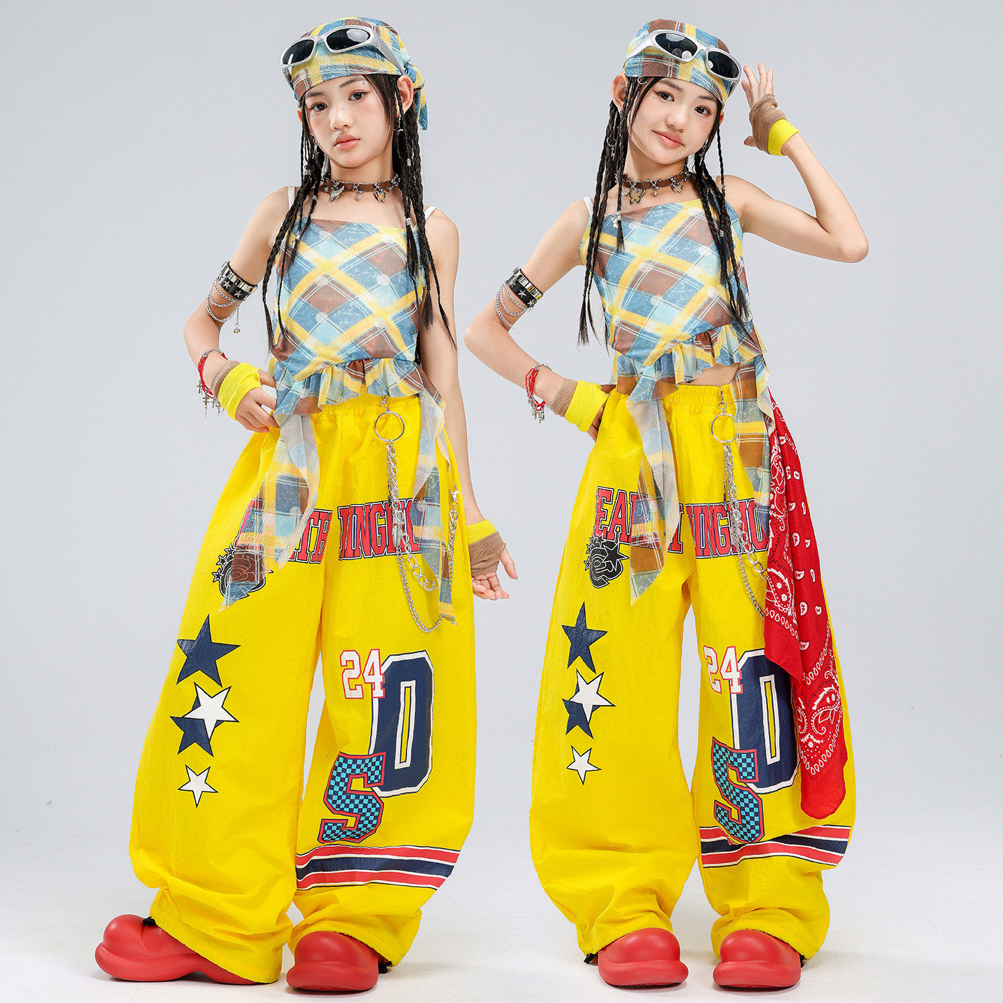 少儿爵士舞服装夏天露脐女童格子上衣舞蹈服套装jazz女孩街舞潮服