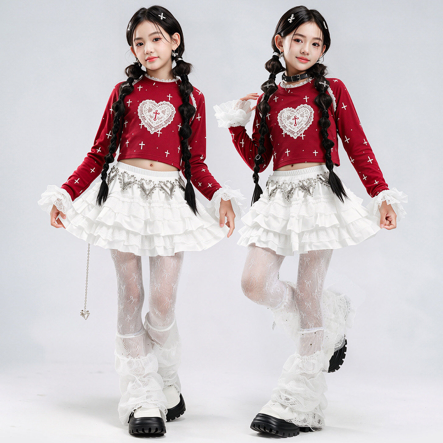 女童爵士舞服装露脐红色爱心蓬蓬裙舞蹈服套装街舞女孩jazz表演服