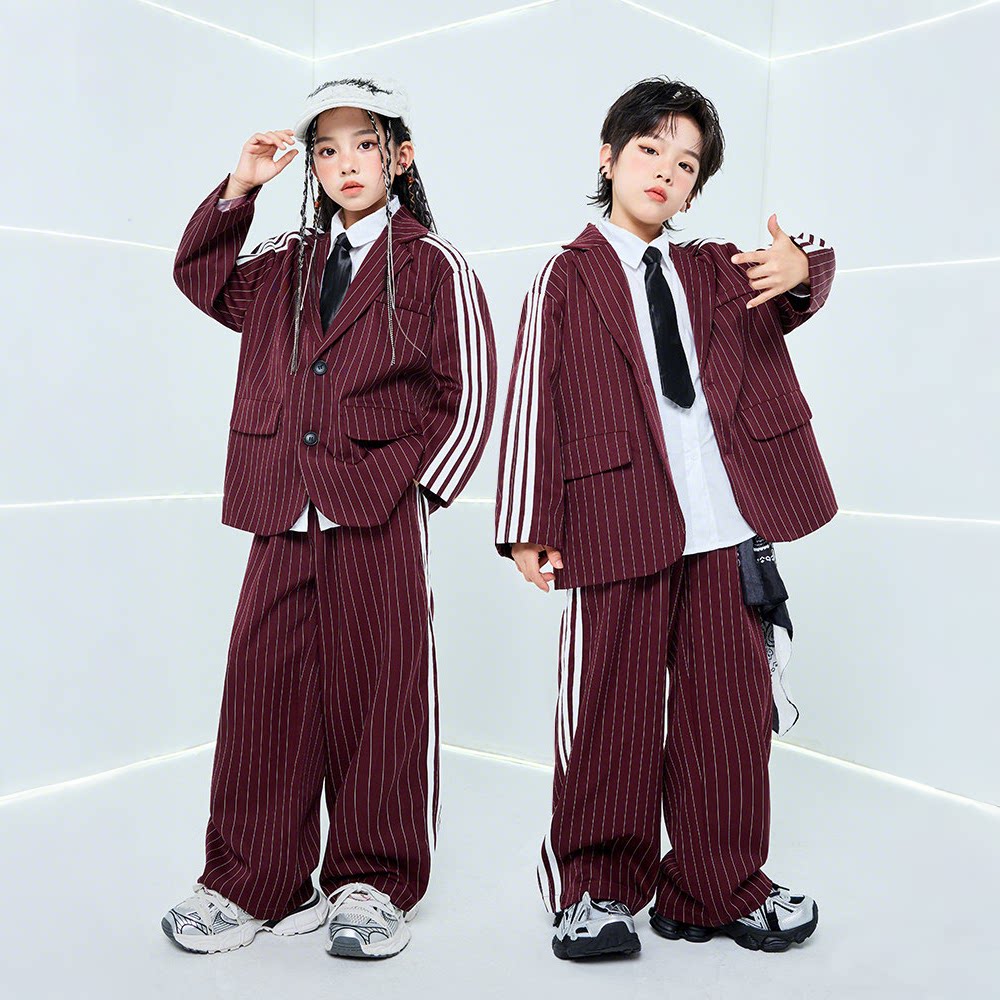 街舞儿童潮服套装男童嘻哈帅气宽松潮童装少儿条纹西装舞蹈演出服