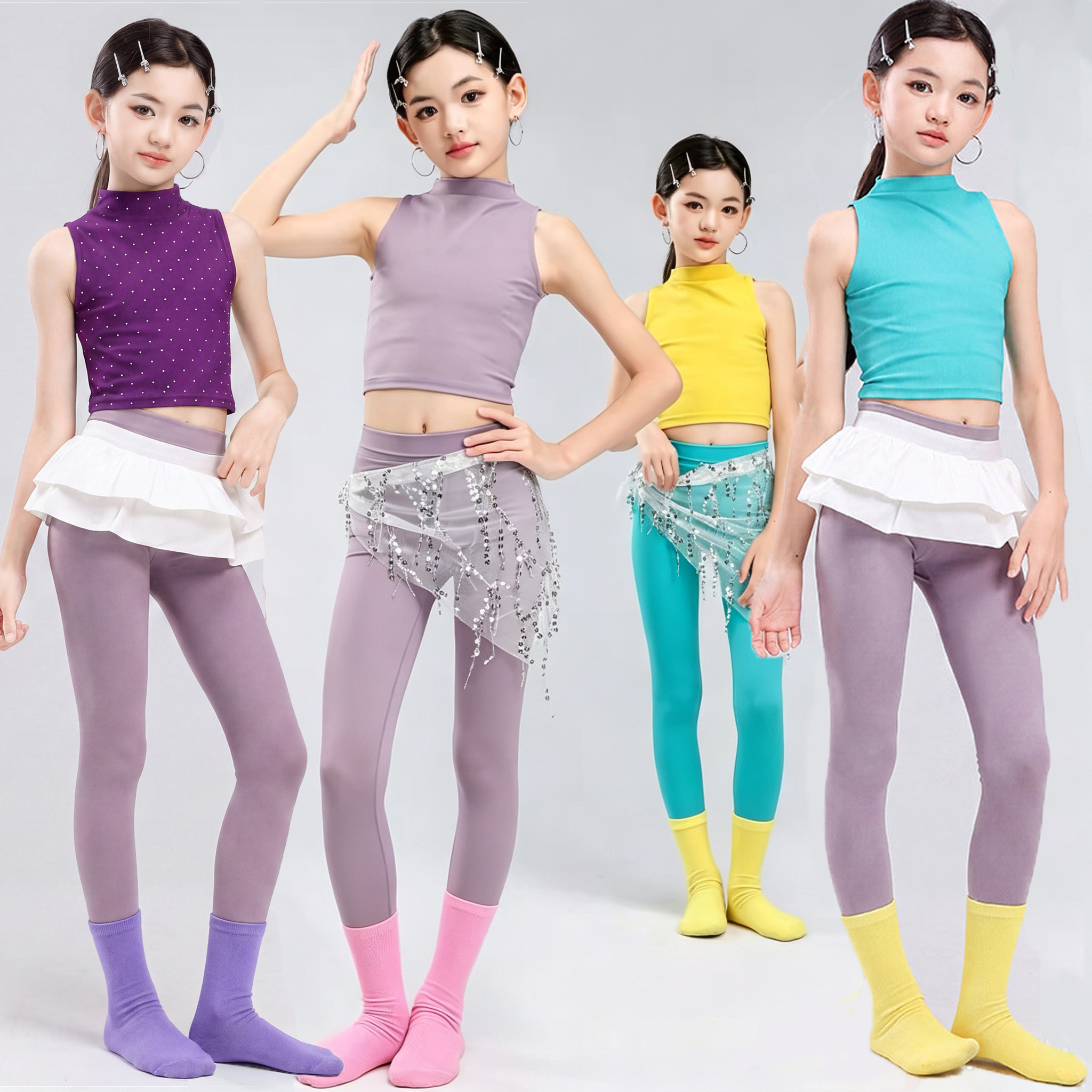 儿童舞蹈服女童练功服黄色修身背心小高领瑜伽艺考形体日常训练服