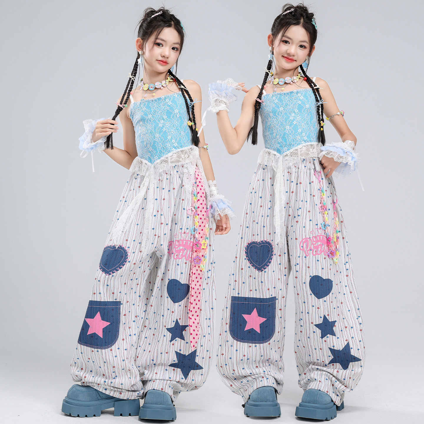爵士舞女童服装露脐韩版时髦蕾丝蓝色吊带表演服套装jazz街舞潮服