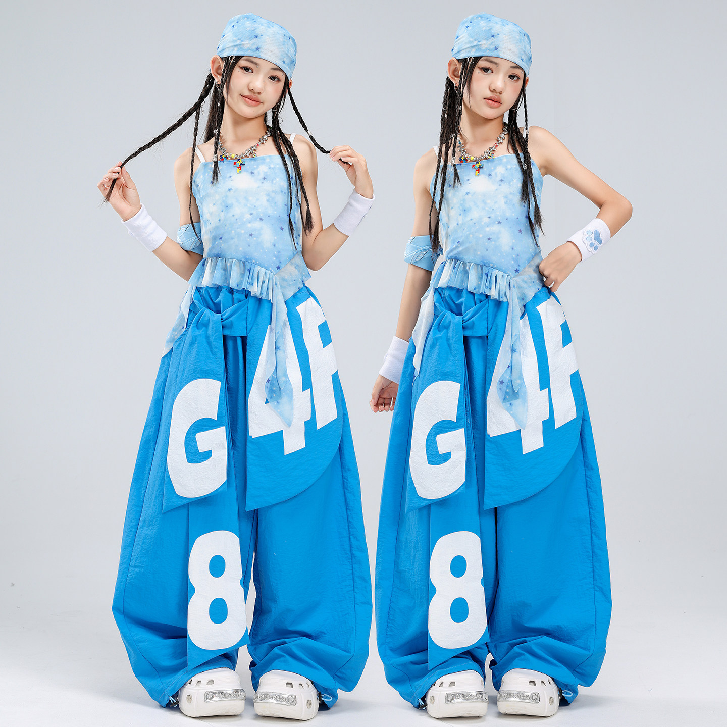 爵士舞服装女童蓝色繁星吊带舞蹈服套装jazz女孩街舞潮服演出服女
