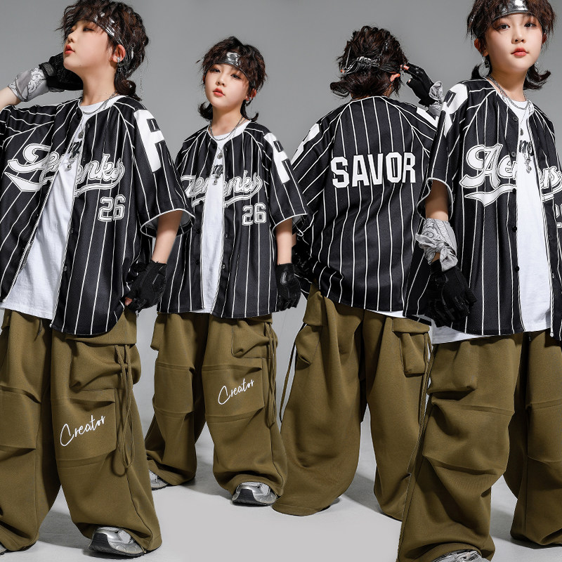 街舞儿童潮服条纹棒球服男童嘻哈练功服hiphop炸街套装女童演出服