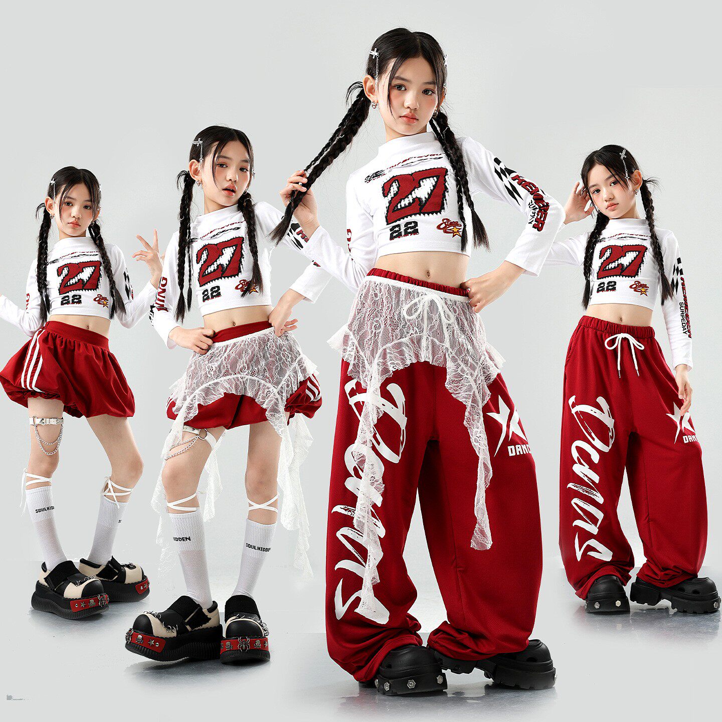 女童爵士舞白上衣练功嘻哈裤潮牌红套装表演服街舞演出服女孩模特