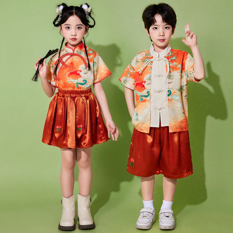 男女童汉服水墨套装幼儿园中国风演出服国潮唐装啦啦队运动会服夏