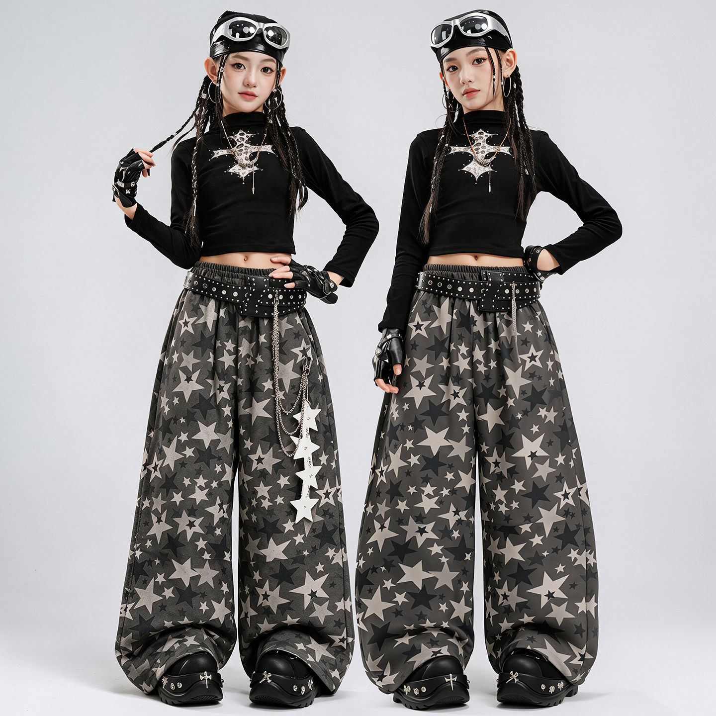 少儿爵士舞服装露脐女童十字上衣星星迷彩裤套装jazz女孩舞蹈服女