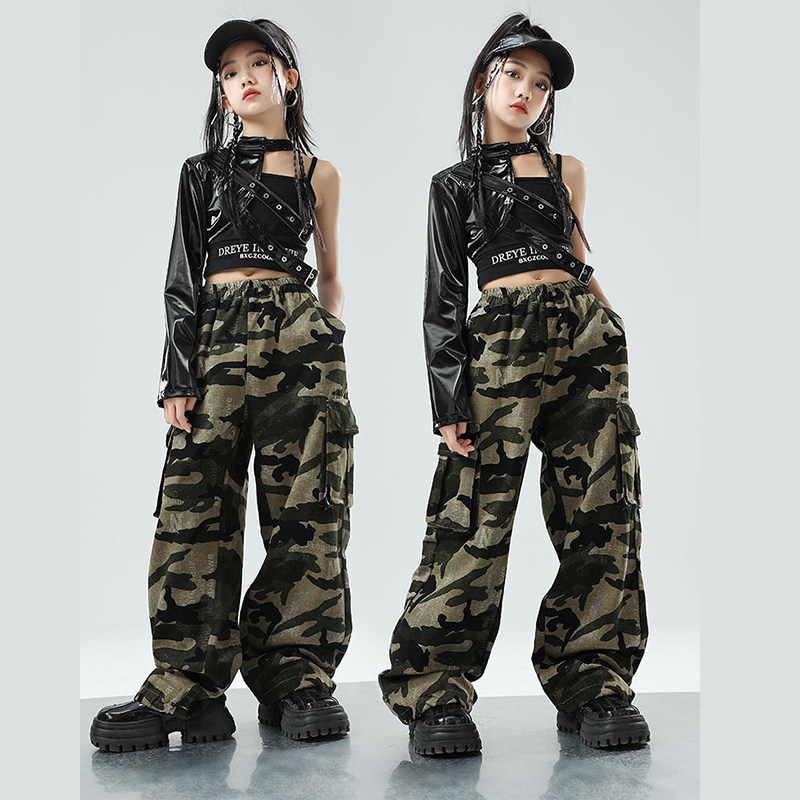 儿童爵士舞服装单袖皮衣迷彩裤套装露脐JAZZ街舞演出服女童酷时髦