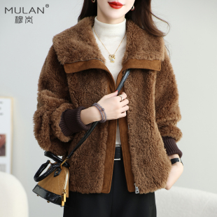 美拉德风冬新加厚短款羊剪绒皮毛一体女小个子拉链蝙蝠袖皮草外套