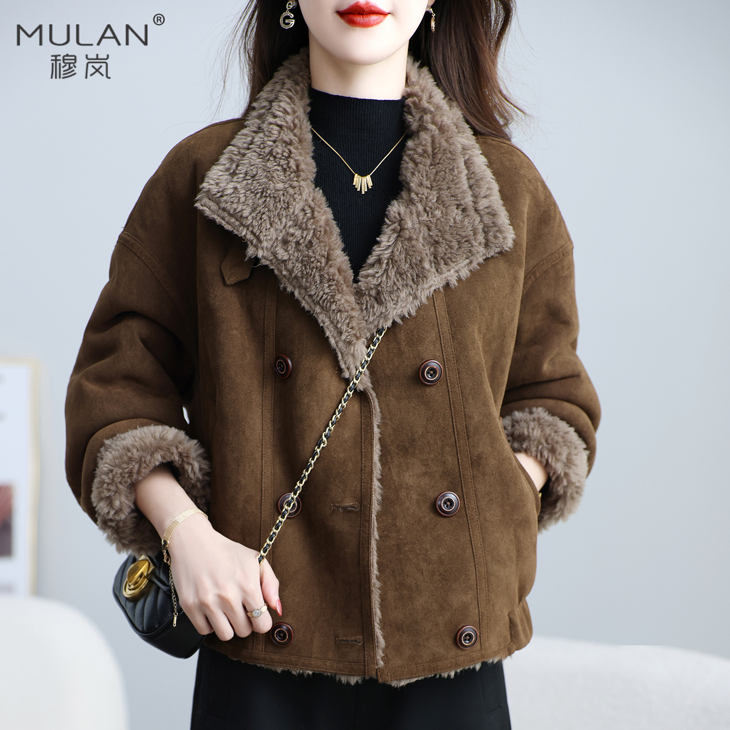 英伦双排扣羊羔毛短款皮毛一体皮草外套女小个子加厚冬季新羊剪绒