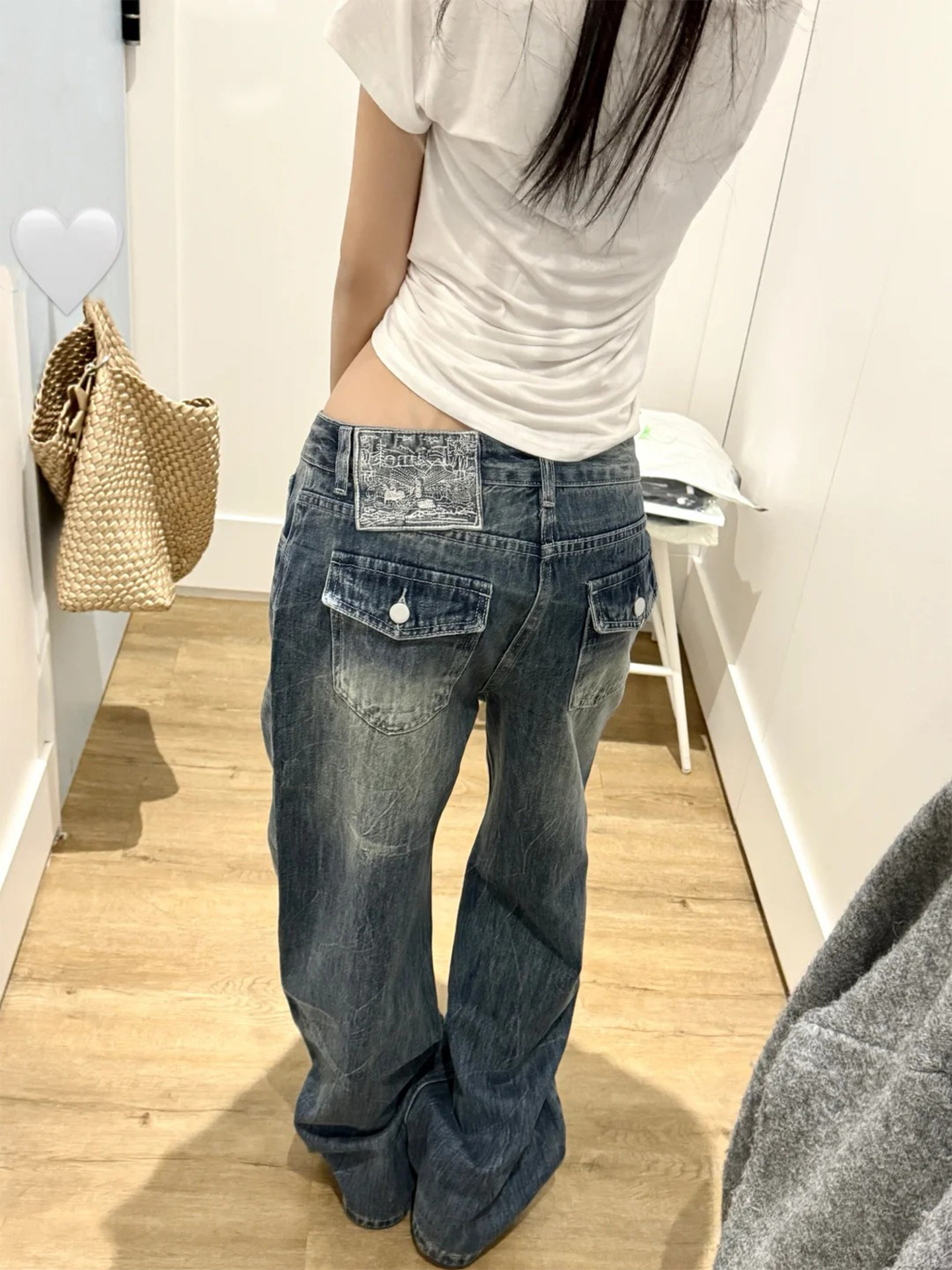 绣标水洗复古蓝阔腿牛仔裤女2026夏季新款低腰宽松显瘦休闲直筒裤