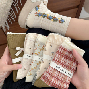小众设计师氛围感袜子女纯棉中筒袜潮日系秋冬碎花女袜格子花朵