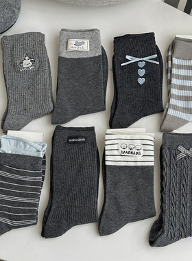 灰色中筒袜条纹纯棉袜子女蝴蝶结刺绣学院风春秋款韩国秋冬季长袜