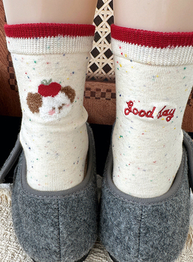 双面可爱无骨袜子女纯棉中筒袜刺绣堆堆学院风日系春秋冬季ins潮