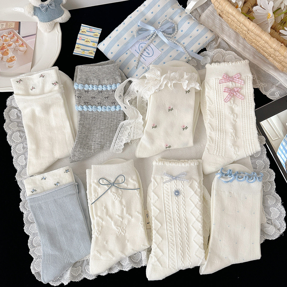 miu系女中筒袜春夏季碎花蝴蝶结堆堆袜日系学院风韩版纯棉薄款秋
