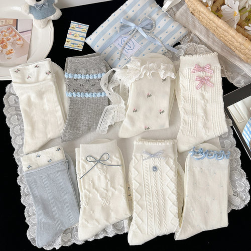 春夏miu系女纯棉碎花蝴蝶结中筒