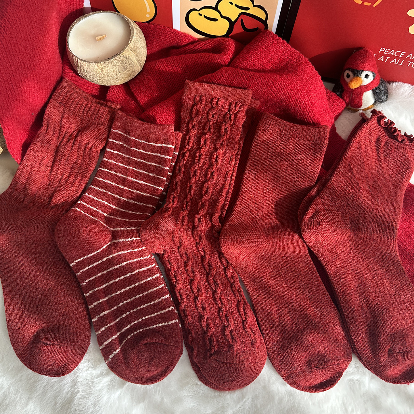 羊毛红色袜子女条纹学院风中筒长袜秋冬季加厚款保暖新年本命年,女士内衣/男士内衣/家居服,中筒袜,淘宝优惠券,粉丝福利购,淘宝优惠卷