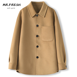 款 翻领衬衫 夹克 反季 秋冬羊毛呢子外套男落肩宽松双面羊绒大衣短款