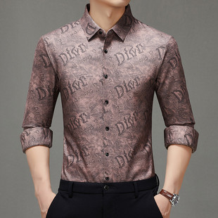 中年冰丝衬衫男长袖薄款夏季宽松格子衬衣2025新款爸爸春秋装上衣