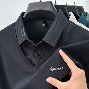 2025年男士秋季假两件毛衣中年男装薄款针织衫翻领休闲打底衫上衣