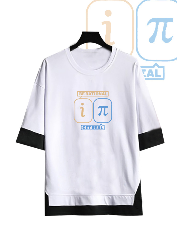 国潮搞笑iπ数学公式男女情侣假两件T桖纯棉圆领套头五分袖上衣服