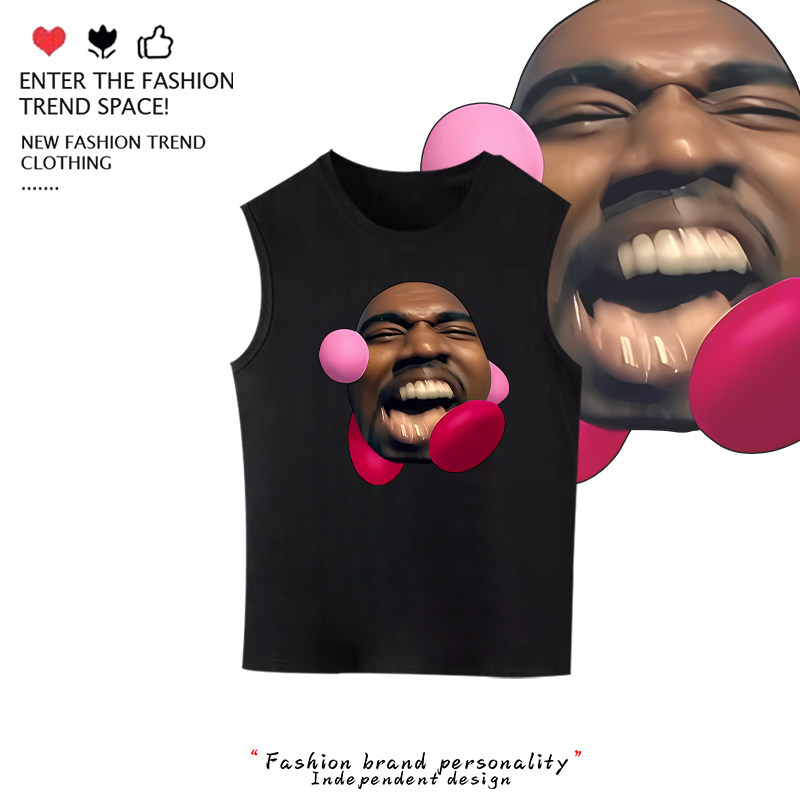 Kanye West侃爷星之卡比嘻哈说唱恶搞美式宽松印花背心纯棉无袖T