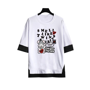 招财猫兔twins演唱会周边假两件男女上衣阿Sa阿娇同款印花五分袖