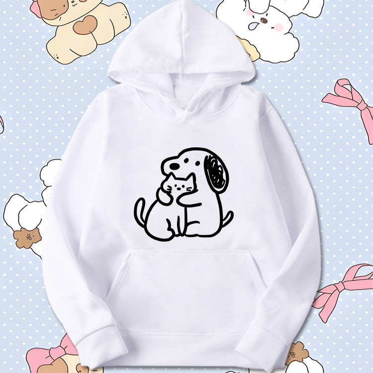卡通猫猫狗狗好朋友简约线条印花连帽卫衣男女秋冬宽松保暖上衣服