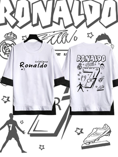 罗纳尔多C罗CR7涂鸦复古印花假两件男女足球运动纪念宽松五分袖