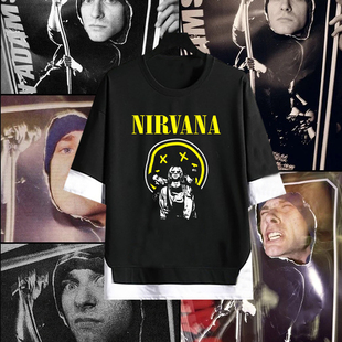 nirvana涅盘摇滚乐队周边小众简笔画复古印花假两件宽松五分袖T恤