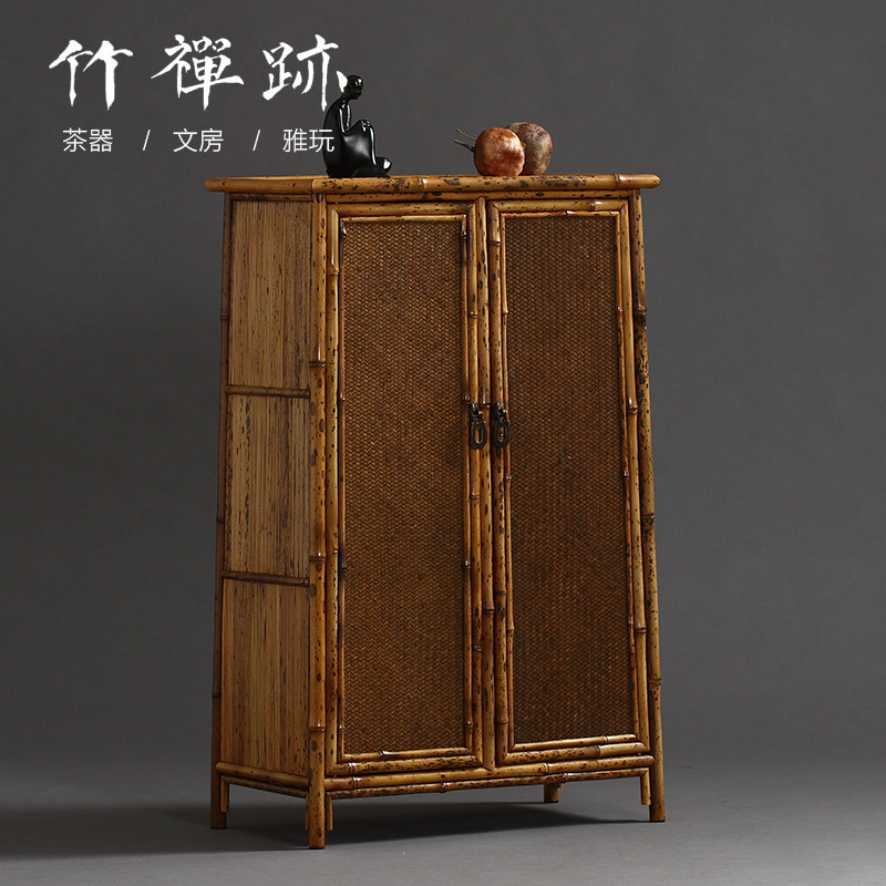 竹禅迹|复古明式竹制茶柜面条柜 手编席面梅鹿竹茶具收纳家居茶棚