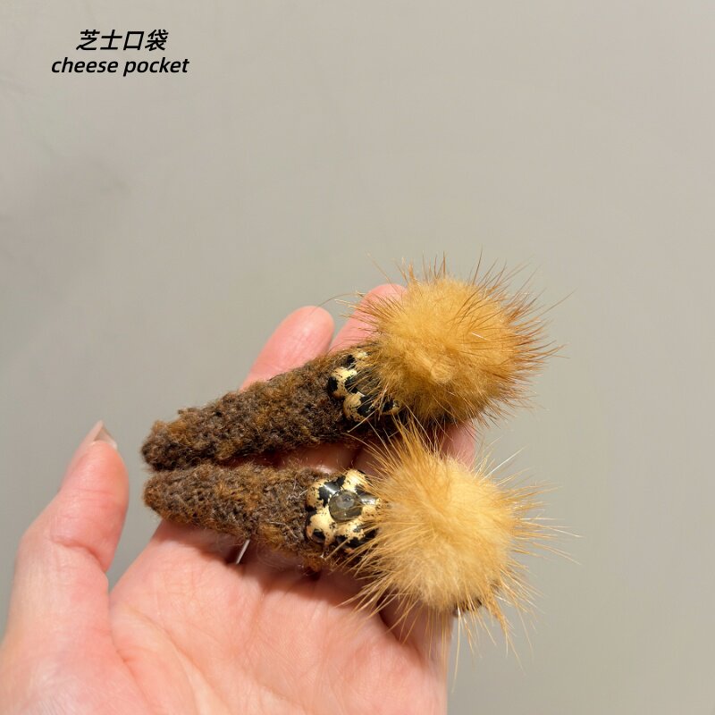 韩国ins秋冬水貂毛球花朵发夹气质时尚老钱百搭侧边刘海碎发BB夹