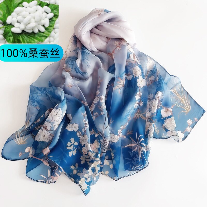 杭州真丝丝巾女春夏100%桑蚕丝沙滩巾薄款防晒披肩大纱巾秋冬围巾