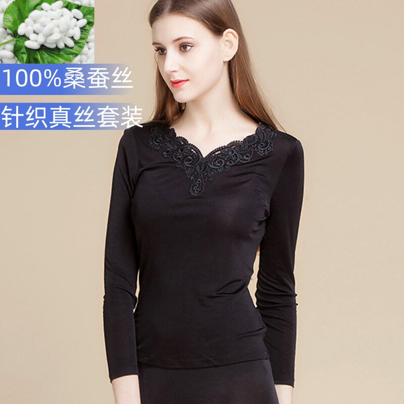 100%桑蚕丝V领保暖内衣套装女